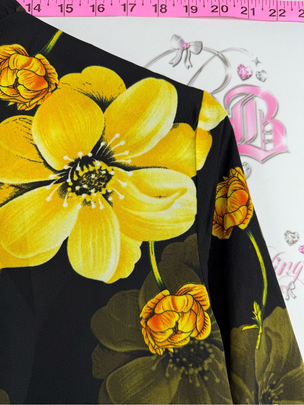 RANLEGE shirt blouse flowers ruffle Yellow Floral Long-Sleeve Blouse - Black - Picture 4 of 16